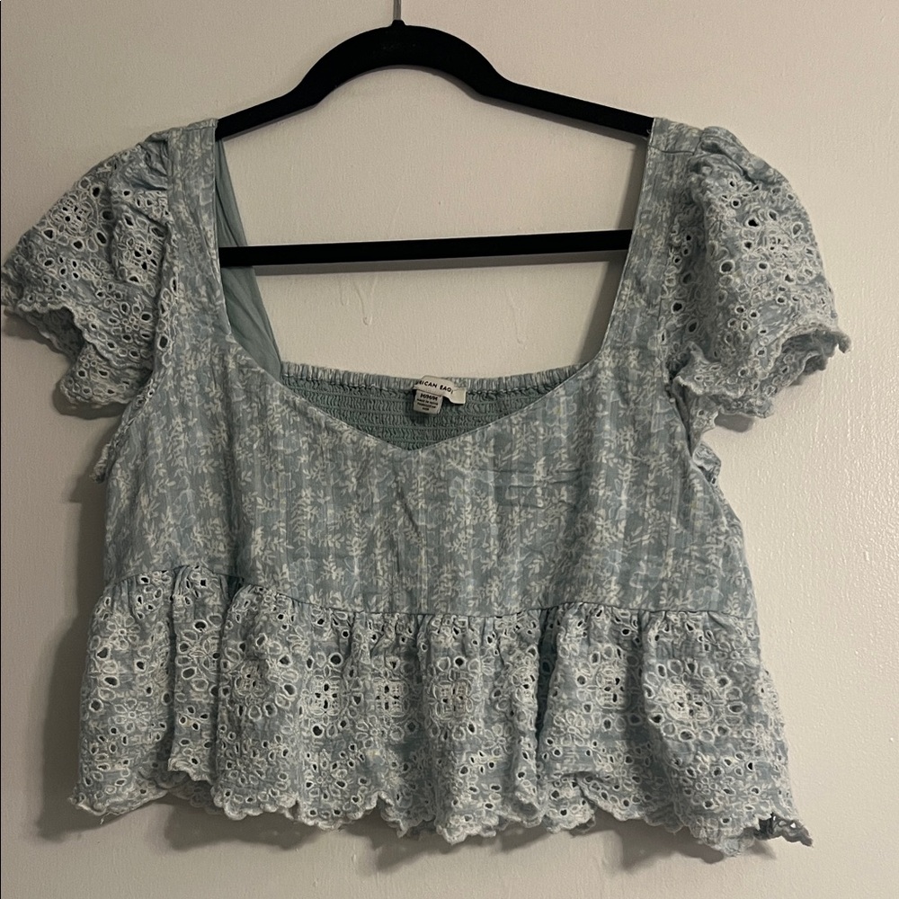 American Eagle Outfitters Light Blue Eyelet Crop Top
